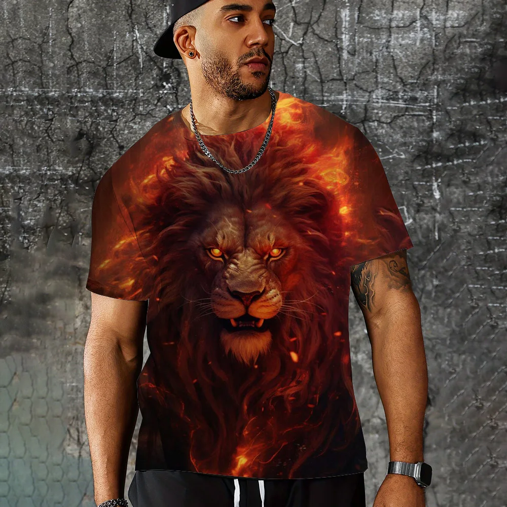 

Футболка мужская с коротким рукавом и круглым вырезом, модный трендовый топ с принтом льва, свободная дышащая футболка, лето