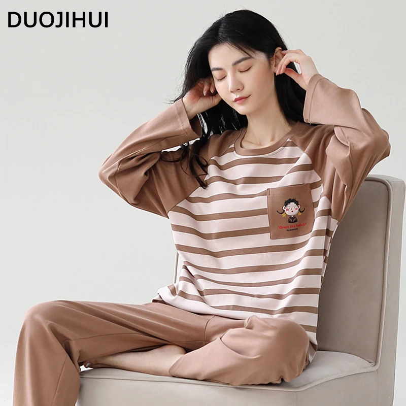 Duojihui klassische zweiteilige schicke Streifen Pyjamas für Frauen neue Mode O-Neck Pullover Basic lose Hose einfache weibliche Pyjamas Set