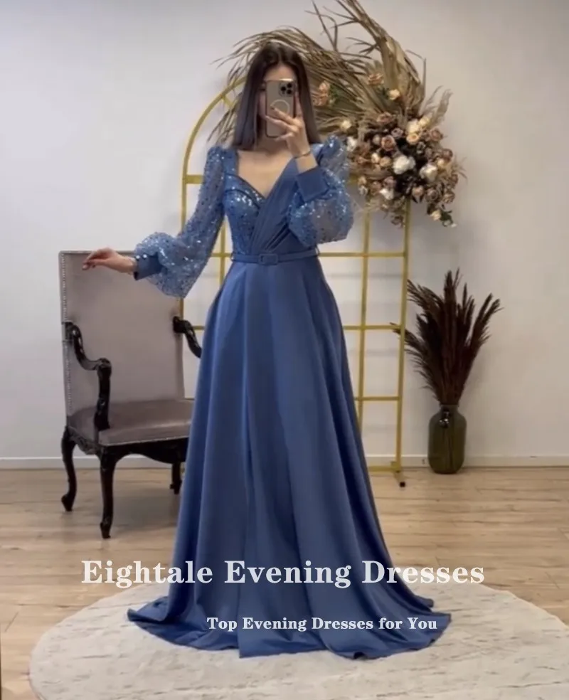 Eightale Light Blue Evening Dresses Long Sleeves Sweetheart Glitter A-Line V-Neck Customized Prom Party Gown vestido de fiesta