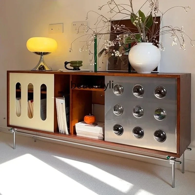 

Italian minimalist bedroom bedside table high-end light luxury retro floor multi-layer contrasting color TV cabinet5203