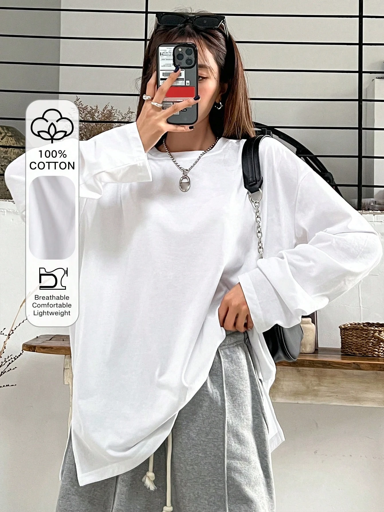 

Однотонная футболка из чистого хлопка с плечами, женская длинная сезонная базовая рубашка, топ с длинными рукавами, топ y2k, футболки в стиле Харадзюку