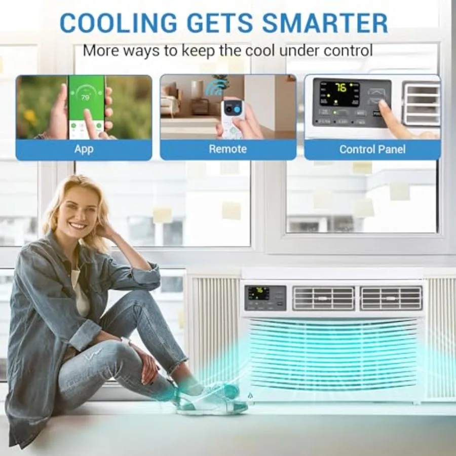 مكيف هواء نافذة 8000 وحدة حرارية بريطانية مع واي فاي يصل إلى 650 قدم مربع. جهاز التحكم عن بعد الذكي لتبريد الغرفة والتحكم في التطبيقات تكنو التبخر الذاتي