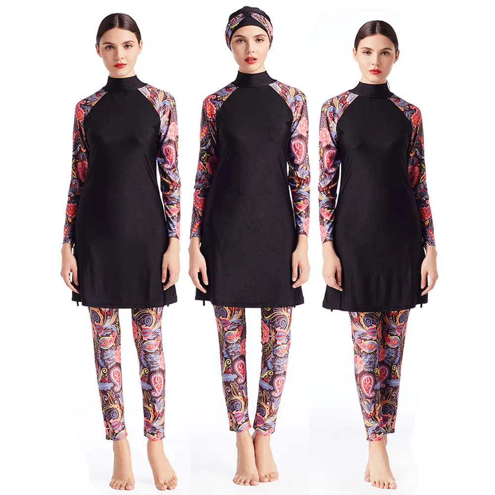 

Burkini Muslim Women's Swimwear, Plus-sized, Vintage Floral Patchwork, Swimsuit with Cap, Plus Size, S-4XL, 3Pcs