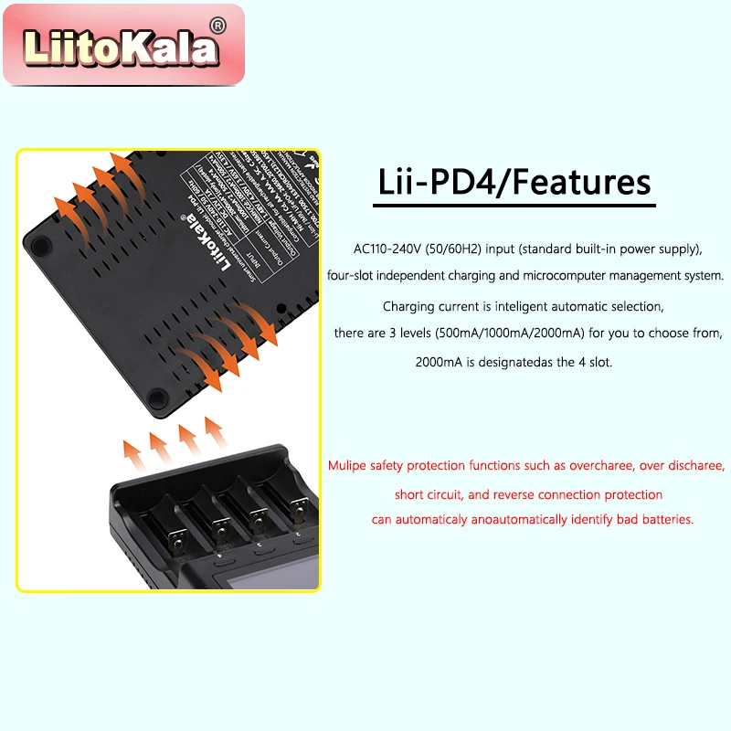 LiitoKala Lii-PD4 AC PD Charger LCD Fast Charging 4-Bay for LiFePO4 3.2V 21700/18650/AA/AAA Multi-Protection Auto-Detect