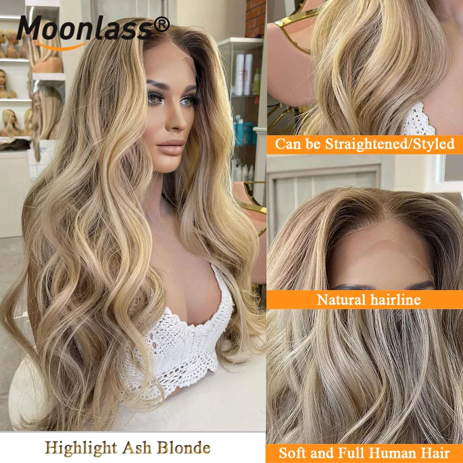 Ash Blonde Body Wave Wigs Human Hair Glueless 150 Density Remy Preplucked Highlight Brown Human Hair Wig 13x6 Lace Frontal Wigs