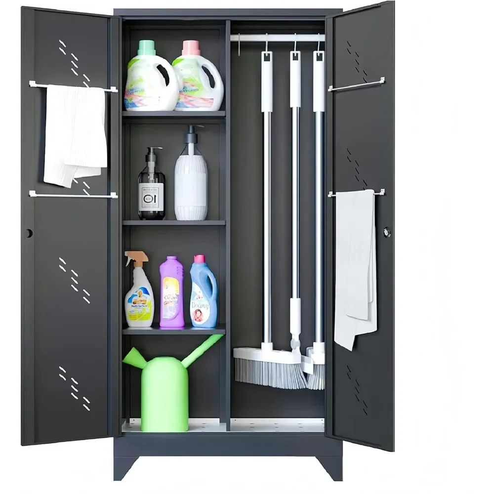 

Closet Cabinet with Hanging Rod, Tall Bathroom Storage Cabinet, Cleaning Tool Cabinet for Utility Room and Garage