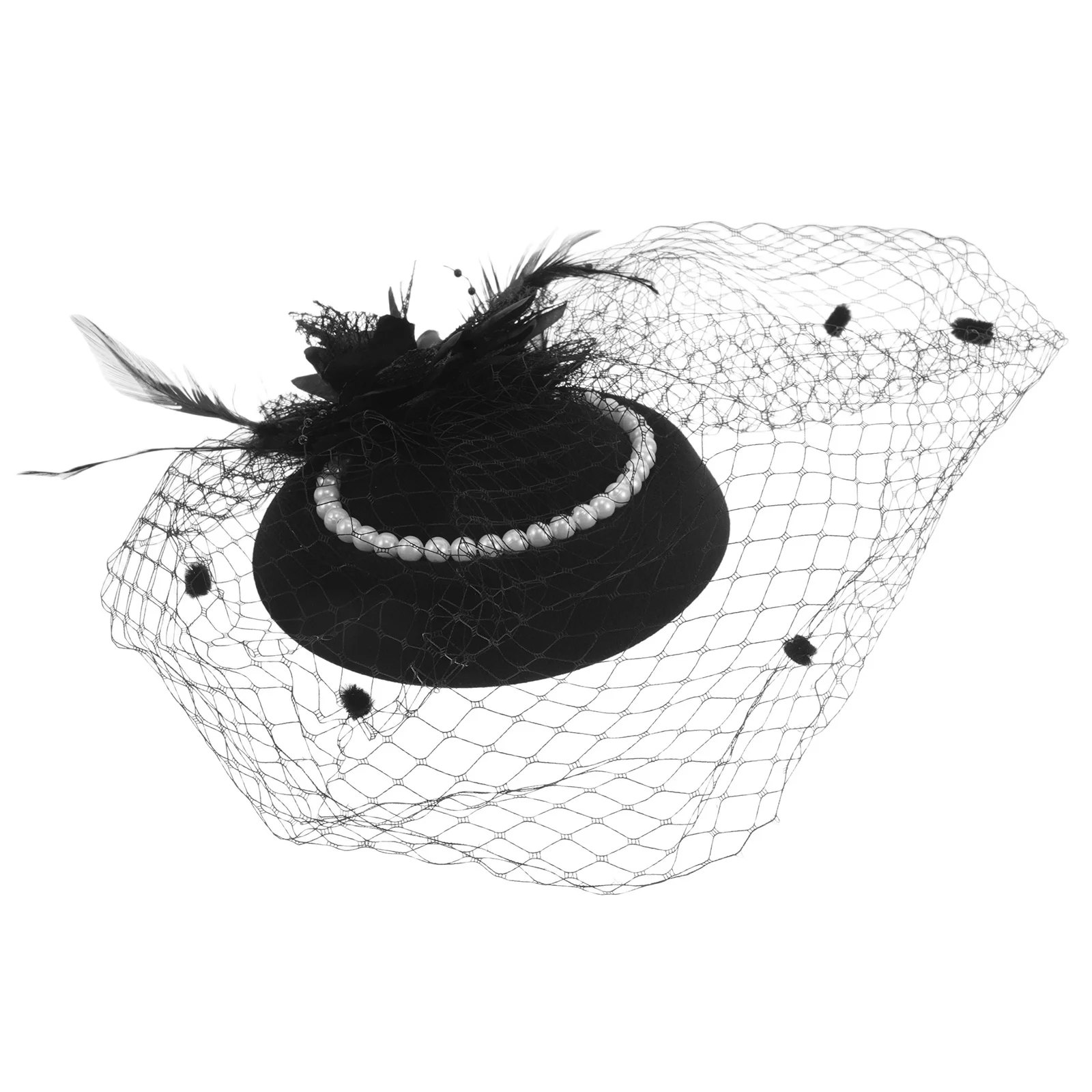

Vintage Mini Black Tea Party Hat Veil Pearl Headband Fascinator Women's Flapper Headpiece Wedding Church Accessories
