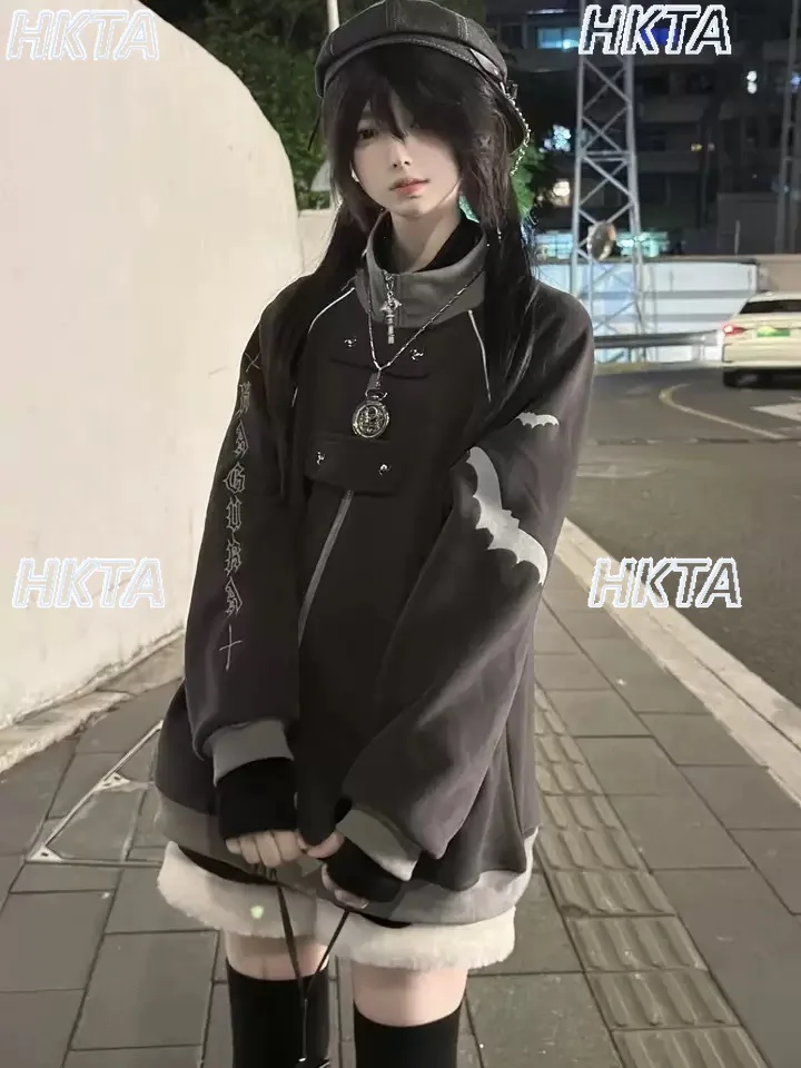 Sudadera gris oscuro con cuello levantado para mujer, chaqueta japonesa holgada Y2K Harajuku, abrigo con capucha, nueva ropa de otoño e invierno