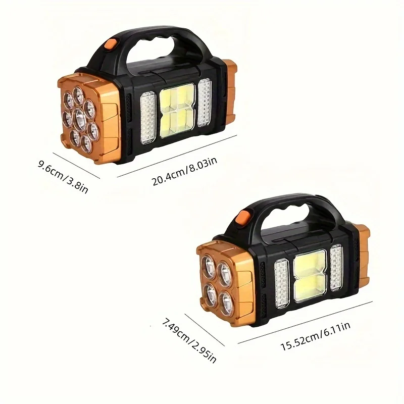 1pc Portable rechargeable flashlight, solar powered LED light with COB work light, rechargeable camping light