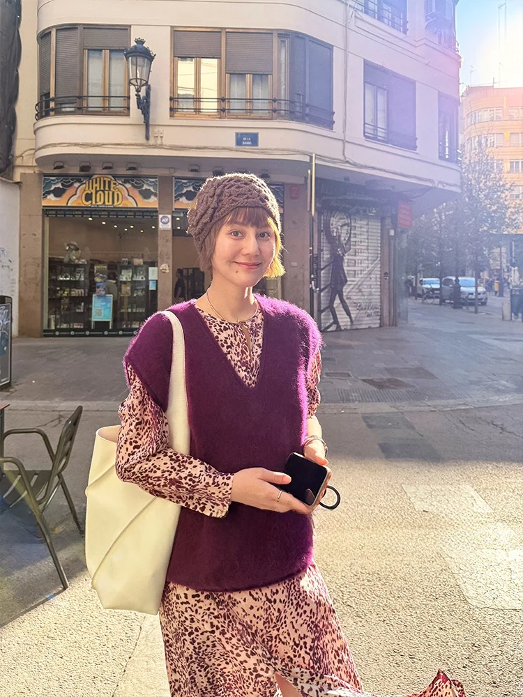 

Вязаный жилет WinnieTang 00% из кашемира с V-образным вырезом и манжетами, теплый, универсальный, модный, для повседневной носки, однотонный, весенний