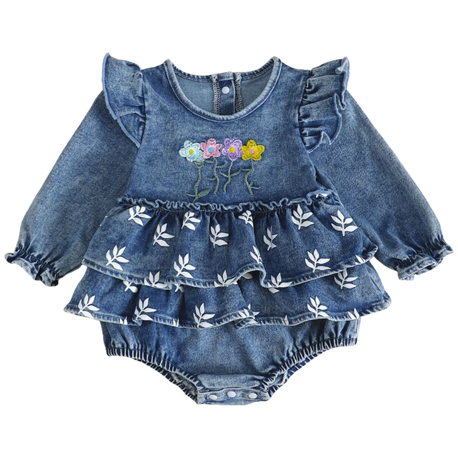 

9 Month Baby Girl Clothes Baby Toddler Girl Denim Romper Flower Embroidered Long Sleeve Layered Ruffled Bodysuit Kid Leotard