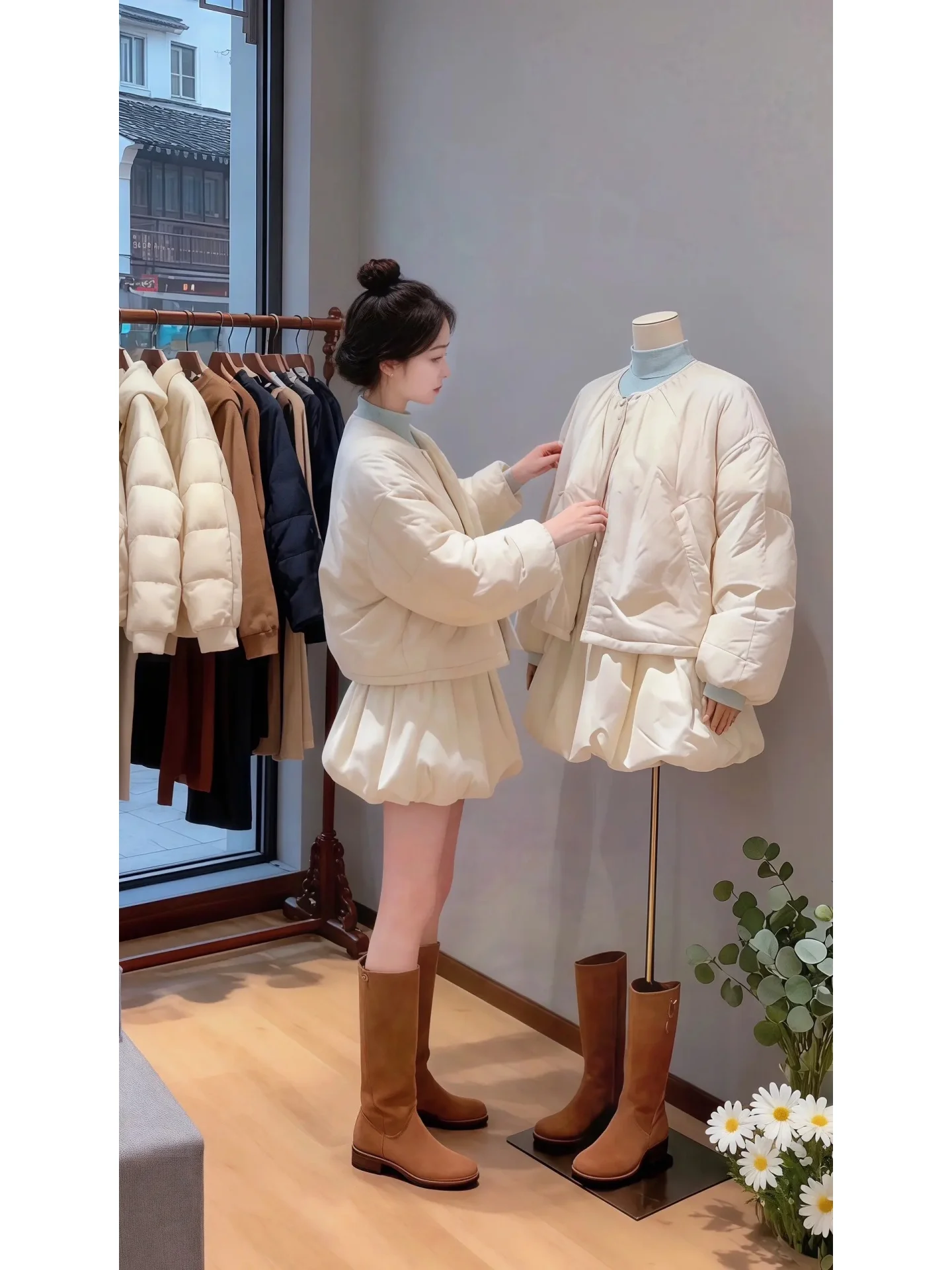 

Комплект одежды в корейском стиле «Рич Гёрл» для ранней осени: куртка и брюки из хлопка, элегантный и стильный.