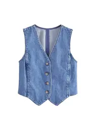 TRAF Women Fashion Front Button Denim Waistcoat Vintage V Neck Sleeveless Female Outerwear Chic Vest Tops