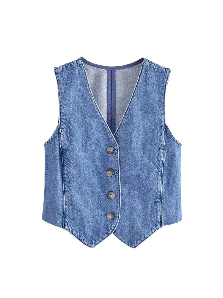 Damska modna kamizelka jeansowa zapinana na guziki, vintage, dekolt w serek, bez rękawów, elegancka odzież wierzchnia, stylowe topy-kamizelki.