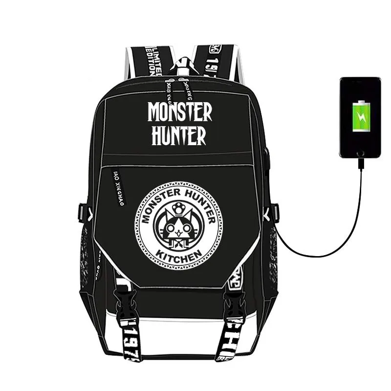 Monster Hunter Dragon USB Designer Bag Backpack Anime Teenagers Student Cartoon Book Bags Back to School Mochila Travel