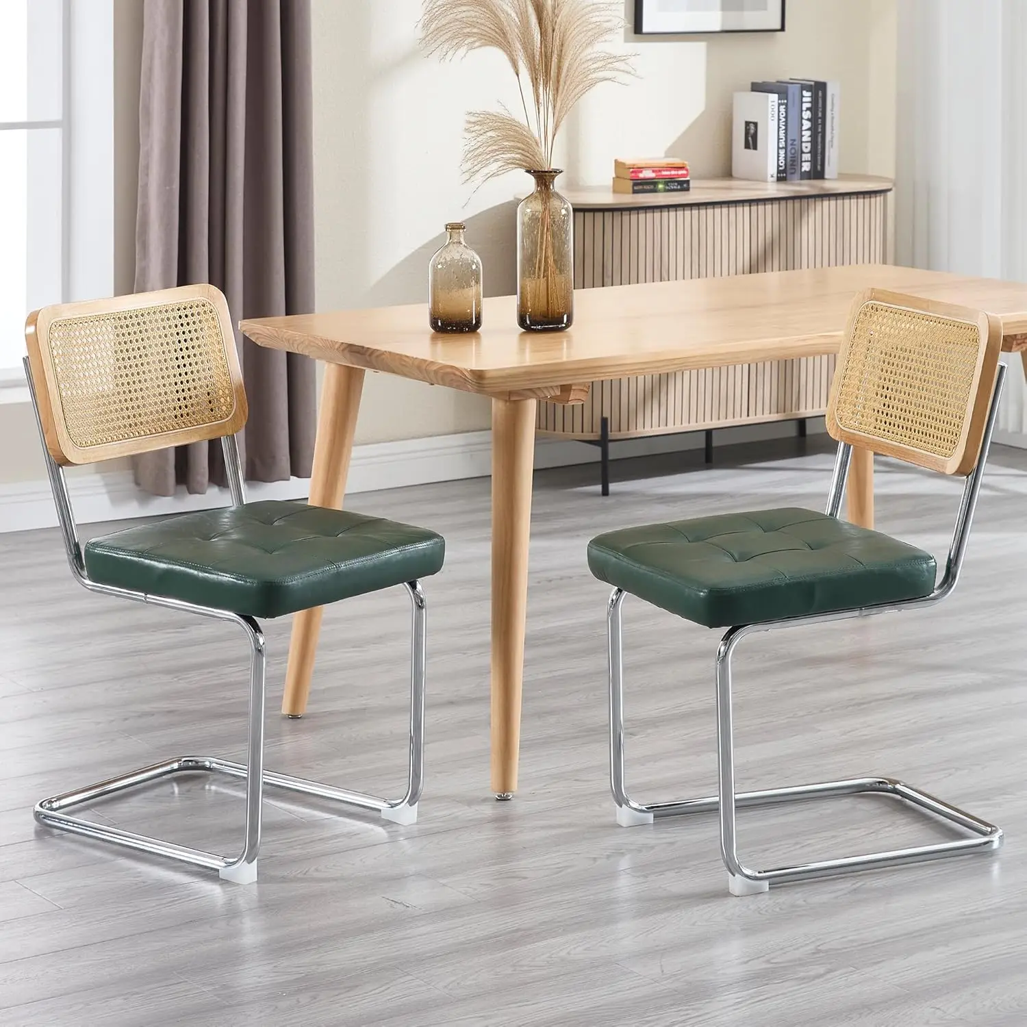 

Mid Century Modern Dining Chairs Set of 2, Faux Leather Rattan Dining Room Kitchen Side Chairs with Metal Legs Bedroom, Green