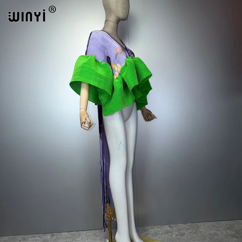 WINYI Women's Pleated Maxi Party Dress Irregular Crumple Design Loose Fit Sexy Evening Gown Poncho Top Robe