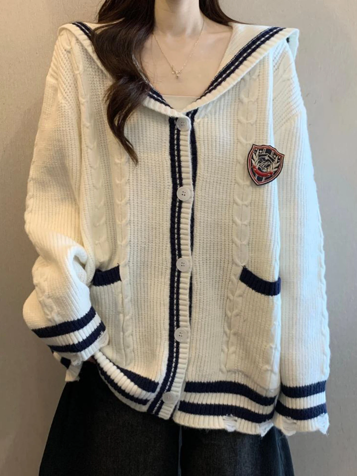 

Ele Lazy Sle Navy Collar Knitwear Coat Women's Autumn Winter plus Size Loose Casual Open Cardigan Top