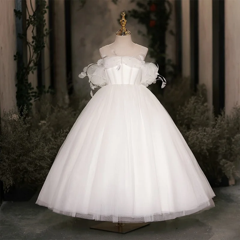 

Elegant White Dubai Girl Dress Pearls Feathers Arab Princess Kids Wedding Birthday Party Long Ball Prom Gown 2026