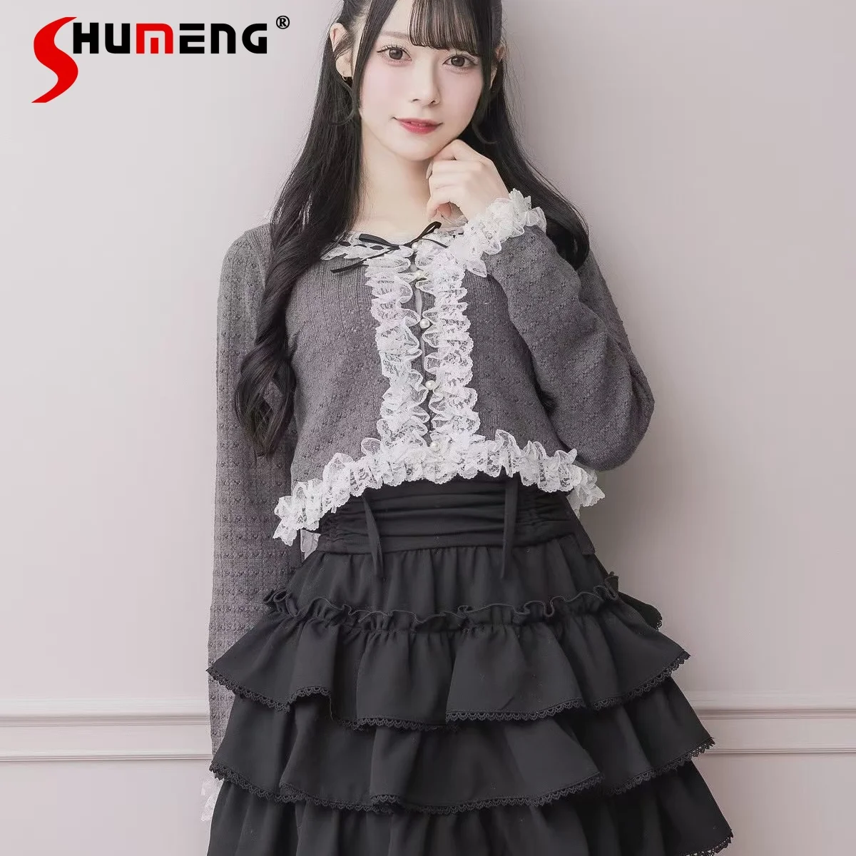 

Japanese Preppy Style Lace Patchwork swsu Sweater Round Neck Long Sleeve Slim Sweet Versatile Bow Knitted Pullover Top for Women