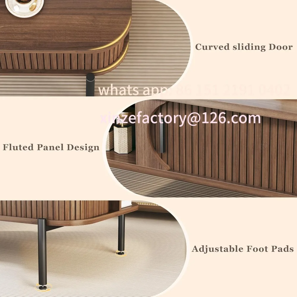 Customizable Coffee Table,  Mid Century Modern , Coffee Table with Storage Open Shelf, Fluted Table with Sliding Cabinet Door