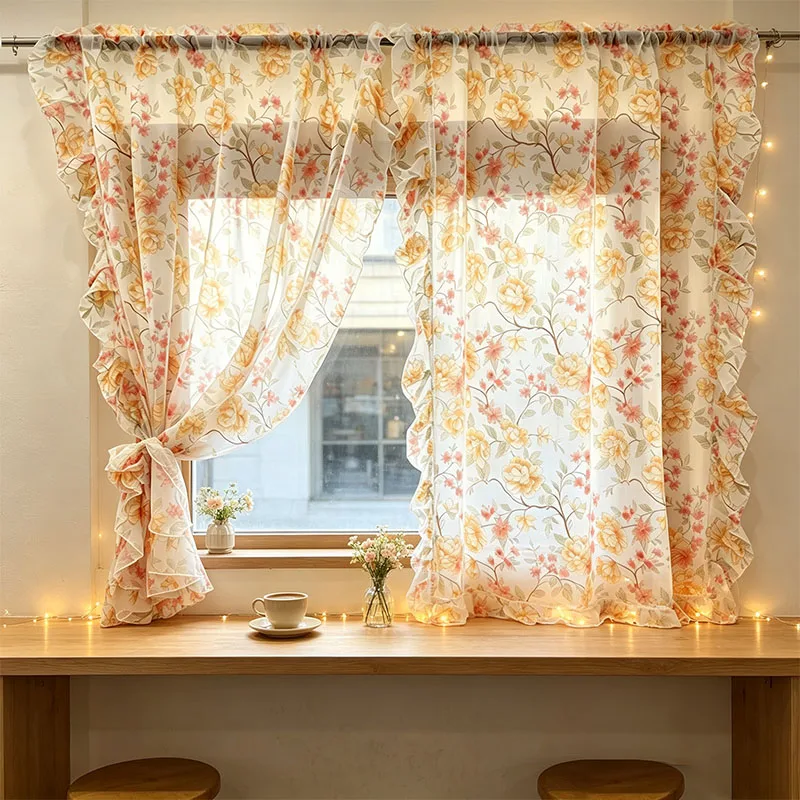1pc Vintage Camellia Flower Sheer Drapes, Botanical Terylene Curtain with Decorative Ruffle Trim for Entryway Interior Decor