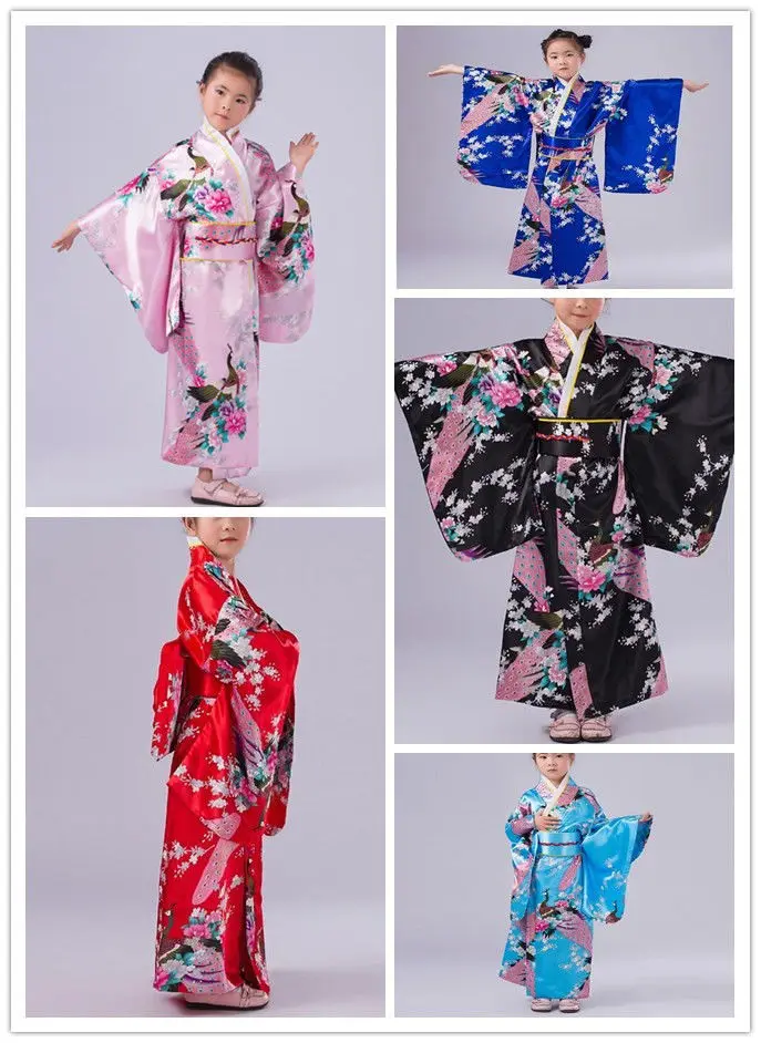 Ropa Yukata de pavo real para niños, vestido tipo kimono japonés para niñas, disfraz Yukata Haori para niños, Kimono tradicional japonés para niñas, Cosplay