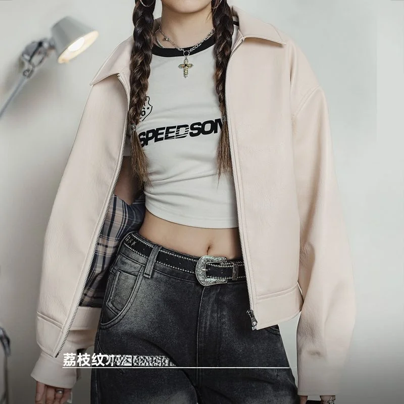 

Maden Women's American Casual Retro Light Beige Leather Jaet Motorcycle ort Coat Hong Kong Sle Autumn Top Gown