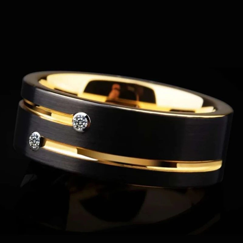 

NUOBING Luxury Mens 8MM Black Stainless Steel Gold Color Ring Crystal Wedding Band for Men's Engagement Party Charm Jewelry Gift