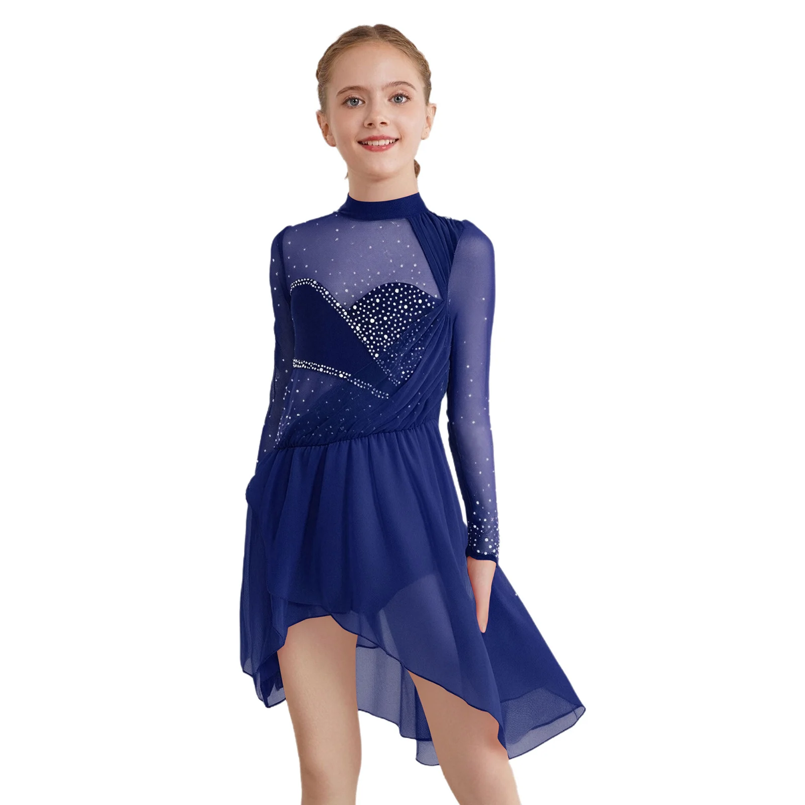 Girls Gymnastics Modern Dance Dress Long Sleeves Shiny Rhinestones Dress with Built-in Briefs for Latin Jazz Dance Performance
