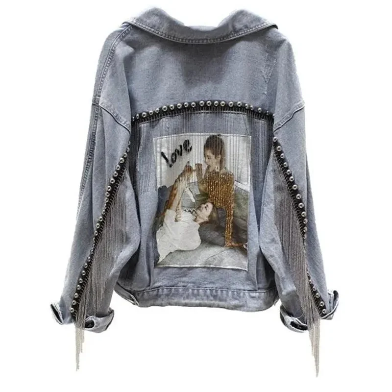 

Nice New Autumn Women's Denim Jacket Rivet Tassel Jeans Coat Long Sleeve Female Casual Bomber Jacket Loose Streetwear Outwear