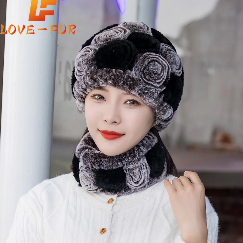 

Winter Knitted 100% Natural Fur Hats Scarves Sets Women Warm Real Rex Rabbit Fur Hat Scarf Lady Fashiom Thick Rex Rabbit Fur Hat