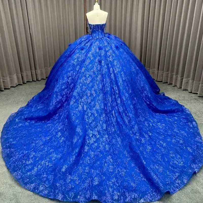 Customized Royal Blue Shiny Quinceanera Dresses Ball Gown Off Shoulder Sequin Appliques Flower Beads Tull Sweet 16 Dress Vestido