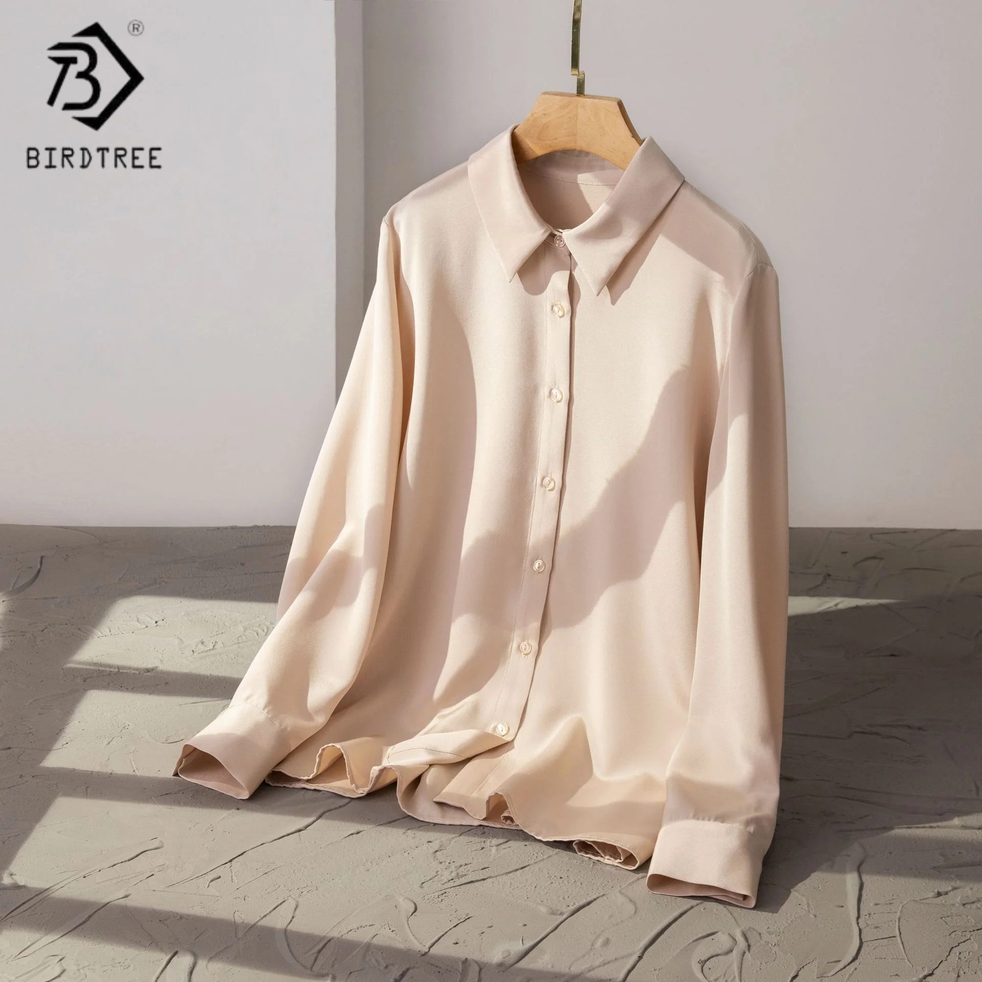 

Birdtree,23MM 93%Mulberry Silk 7%Spandex Blouse,Women's Heavy Crepe Lapel Tops,Full Sleeve,Single Breasted,2025 New T5D606JF