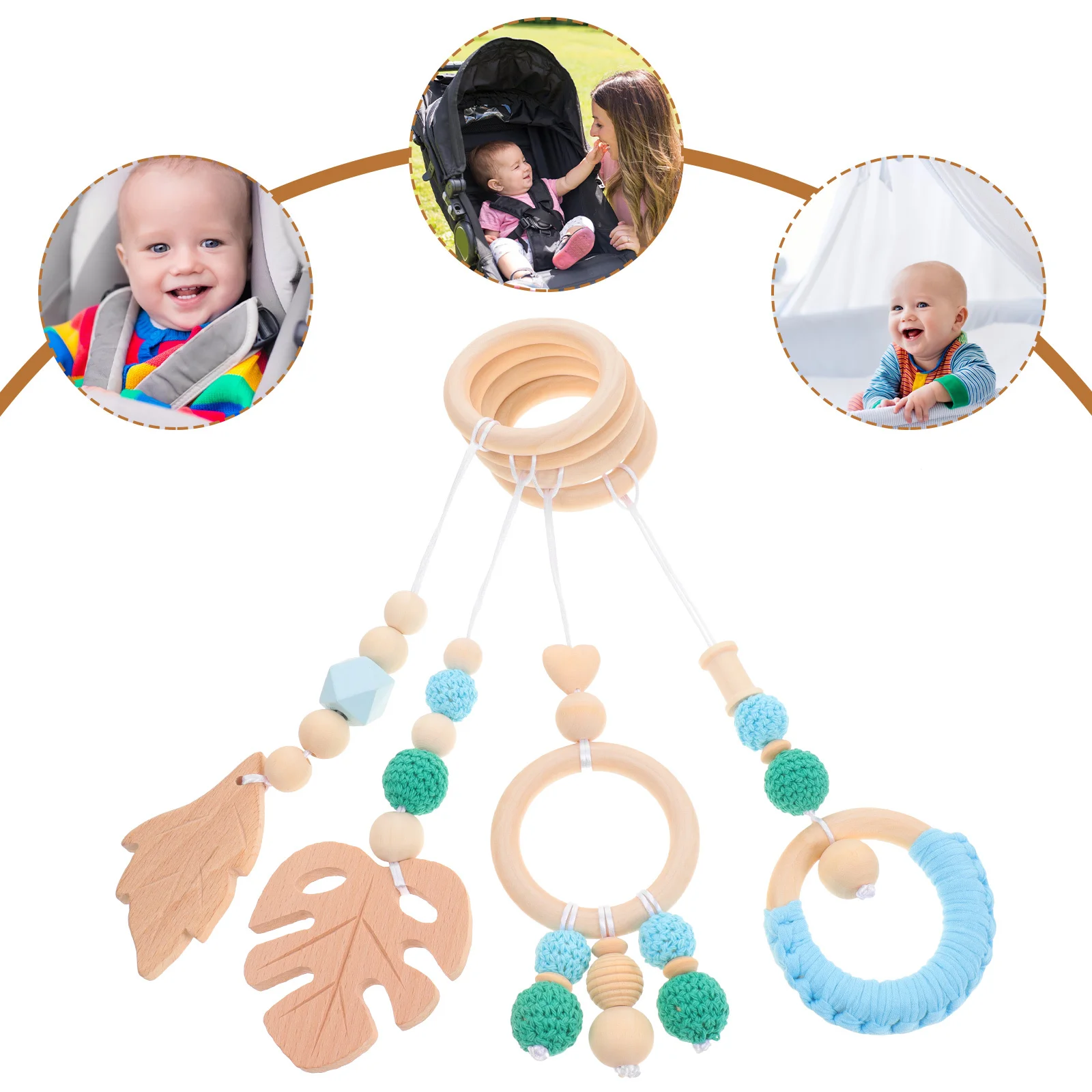 4pcs Wood Hanging Rattle Crib Stroller Pendant Nursery Bed Decoration Infant Toddler Sensory Play Activity Ornament