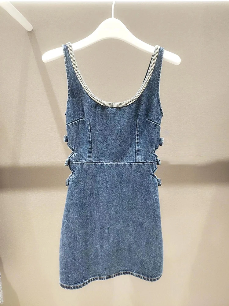 

High-End Women's Denim Off-oulder Gown with Heavy Embelliment And Bow Knot U-Ne Knitted ort Dr French Sle