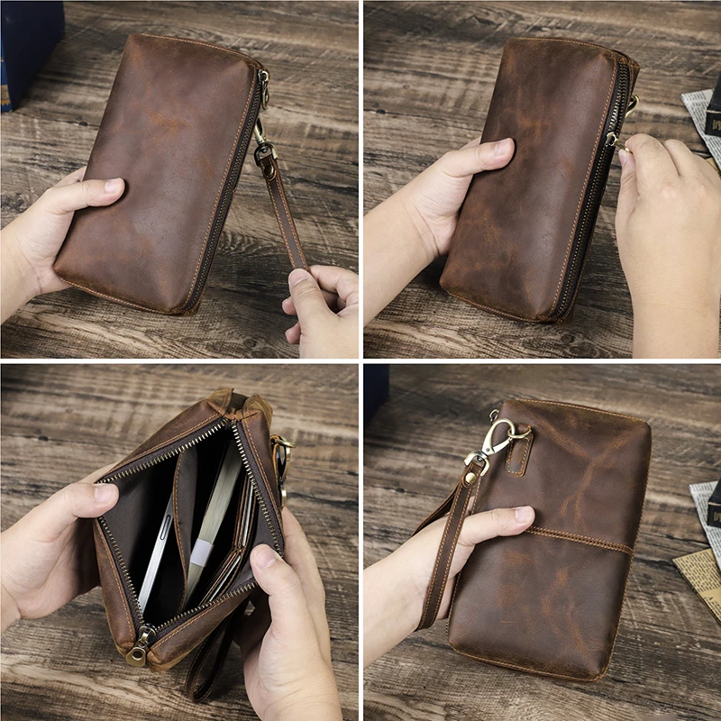 CONTACT\'S Vintage Men\'s Clutch Bag RFID Genuine Leather Clutch Wallet Bag Casual Long Purse Large Capacity Travel Handbag Male