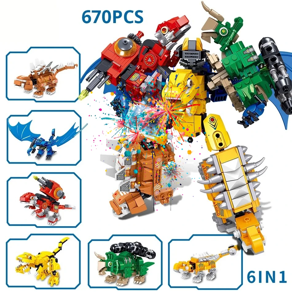 

670pcs 6 In 1 Dinosaurs Movie Series Building Blocks City World Drangon Mecha Model Bricks Set Toys for Children