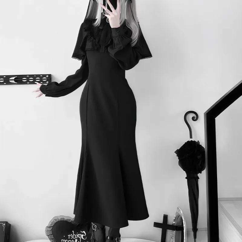 Vestido gótico de renda feminino início do outono novo a linha vestidos pretos casuais japonês y2k subcultural roupas coreanas vestidos de mujer