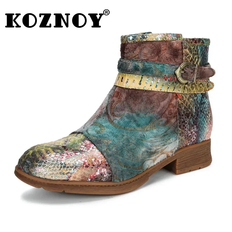 Koznoy 3.5cm PU Booties for Women Print Ethnic Autumn Spring Fashion Winter Plush Comfy Flats Ankle Mid Calf Boots Leather Shoes