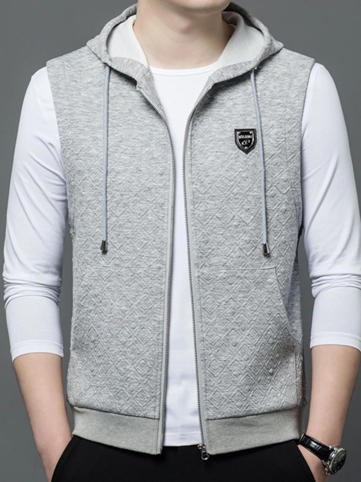

Men's Hooded Vest Thin No-Sve Sweatirt Embroidered Spring Autumn Faion Outerwear Stand Fit Polyester Fiber
