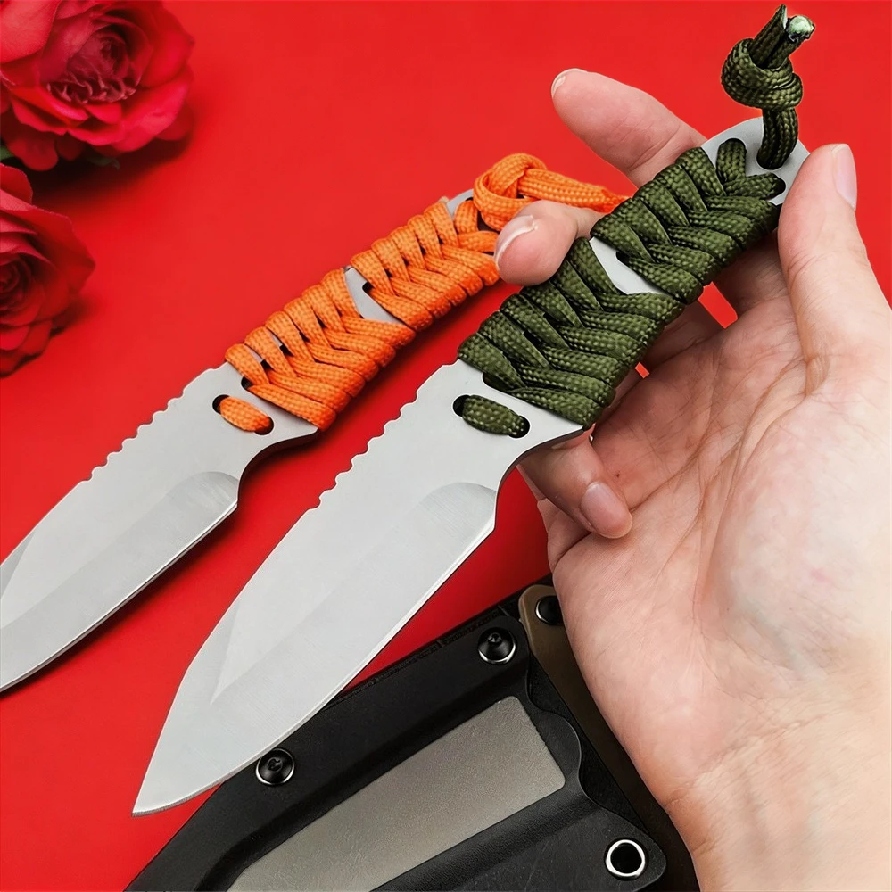 Cuchillo de Hoja Fija de Acero 8Cr13MoV, Mango Antideslizante Envuelto en Paracord, Equipo EDC Duradero con Funda para Tareas de Camping al Aire Libre