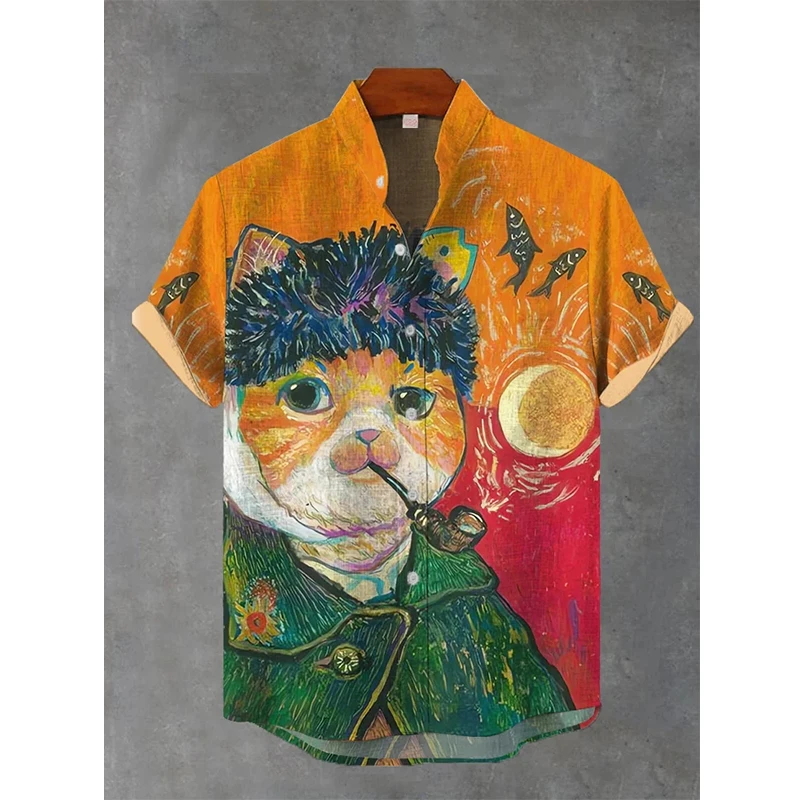 

Гавайские забавные рубашки с 3d принтом кота, мужская рубашка, модная повседневная пляжная однобортная блузка с коротким рукавом, топы, мужская одежда