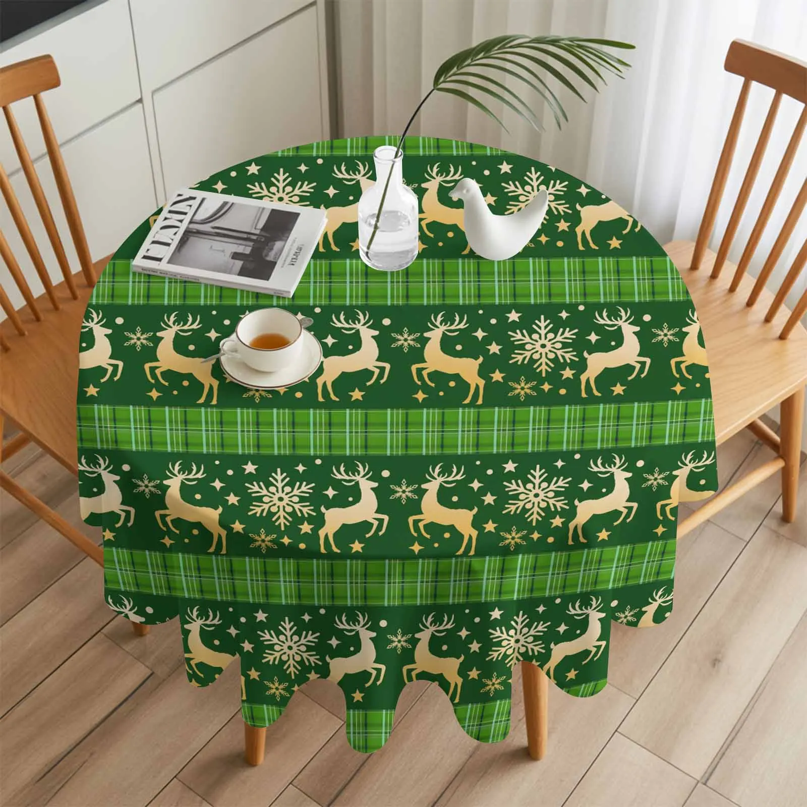 

Christmas Green Plaid Deer Snowflake Round Table Cloth Festival Dining Tablecloth Waterproof Table Cover for Wedding Party Decor