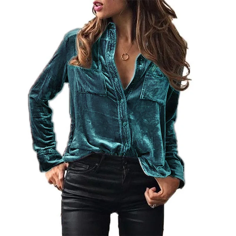 

Autumn Velvet Shirt Women Button Up Velour Shirt Casual Long Sleeve Shirt For Women Pocket Solid Color Tops