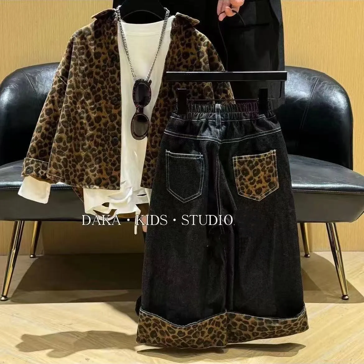 

Children's Jacket Leopard Print Jacket Boys and Girl Korean Version Shirt+Jeans Two-piece Set Fashionable and Versatile