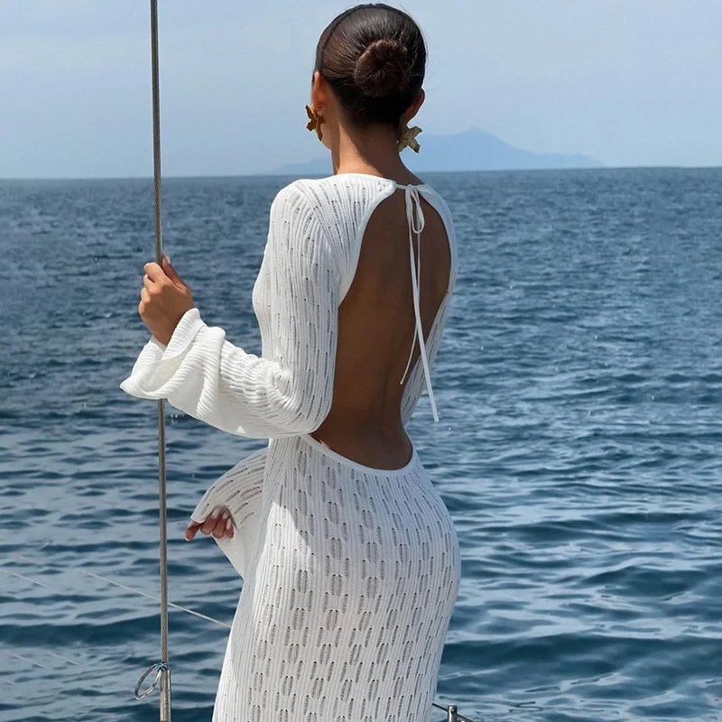 Robe en tricot bandage dos nu sexy pour femmes, maillots de bain au crochet à manches longues, Industries ong de plage d'été, maillots de bain une pièce