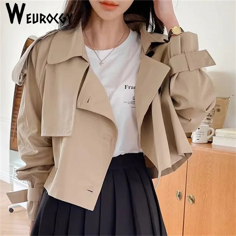 Women Trench Coat 2023 Autumn Single Breasted Loose Casual Long Sleeve Short Windbreaker Jacket Korean Edition Simple Retro Tops