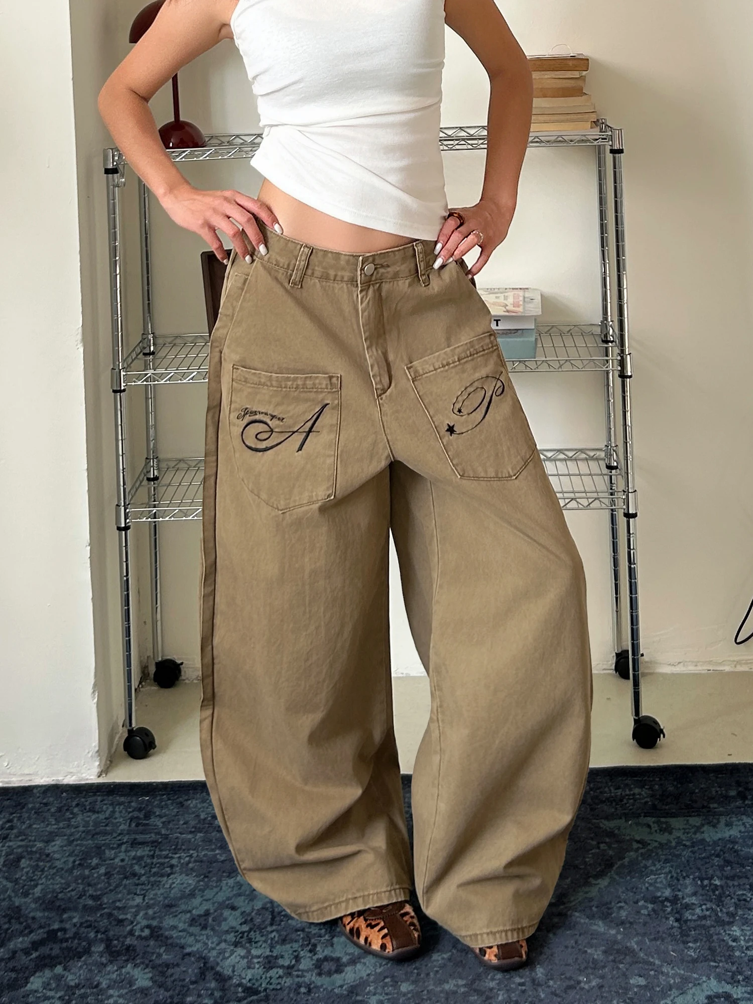 American Retro Street Workwear Jeans Embroidered Wide Leg Knife Casual Long Pants Loose Fit l Waist Cotton Zipper