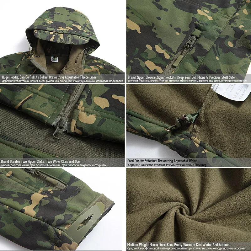 Men\'s Soft Shell Camouflage Tactical Jacket Men Waterproof Fleece Lined Coat Hooded Outdoor Hiking Hunting Clothes